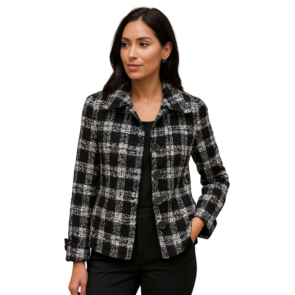 Chico's Blazer Women Black Plaid Tweed Blazer Jacket Button Front‎ Career Chic